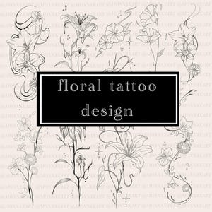 Può includere: Una collezione di disegni di tatuaggi floreali in arte lineare nera. L'immagine presenta vari fiori, tra cui gigli e orchidee, con steli e foglie delicate. Il testo "floral tattoo design" è visualizzato in un rettangolo nero.