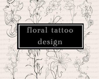 Floral Fine Line Tattoo Designs: Botanical Tattoo Sheet Bundle (Digital Download
