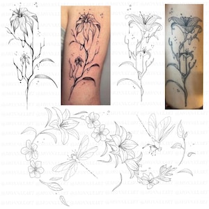 May include: Black and white floral tattoo designs featuring lilies, branches, and dragonflies. The designs include a single stem with a large lily and smaller flowers, and a circular arrangement with dragonflies and blossoms.