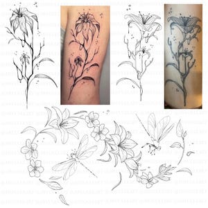 May include: Black and white floral tattoo designs featuring lilies, branches, and dragonflies. The designs include a single stem with a large lily and smaller flowers, and a circular arrangement with dragonflies and blossoms.