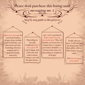 May include: A beige graphic with text explaining the custom tattoo design process. The text includes instructions to message the seller with design ideas, size, and placement. It also details revisions and final product delivery.