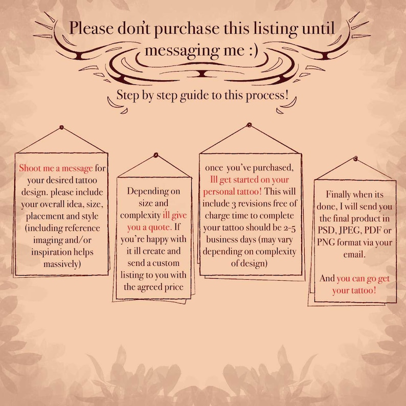 May include: A beige graphic with text explaining the custom tattoo design process. The text includes instructions to message the seller with design ideas, size, and placement. It also details revisions and final product delivery.