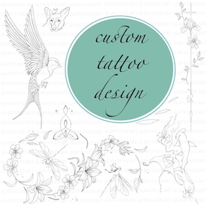 May include: Black and white line art tattoo design elements. Includes a bird, dog, floral arrangements, dragonflies, and the text "custom tattoo design" in a teal circle.
