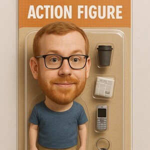 Könnte beinhalten: Eine braune Pappverpackung für eine Actionfigur mit dem in Weiß gedruckten Text "ACTION FIGURE". Die Verpackung enthält eine Miniaturfigur einer Person mit roten Haaren, Bart und Brille, die ein blaues T-Shirt, eine Khakihose und graue Turnschuhe trägt.
