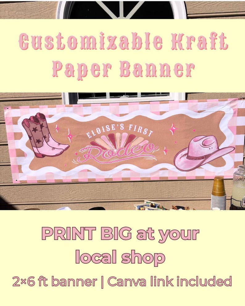 May include: Customizable Kraft paper banner with a pink and brown rodeo theme. The banner features illustrations of cowboy boots and a hat, with the text "Eloise's First Rodeo". The banner is 2 x 6 ft.