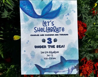 Shark & Mermaid Birthday Invitation: Under the Sea Party (PDF File, 5x7 inches