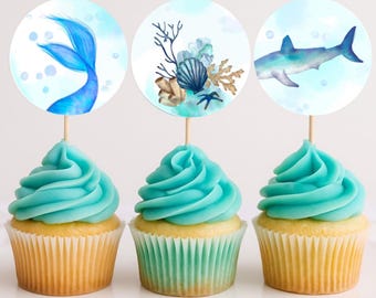Mermaid & Shark Cupcake Toppers: Under the Sea Party Decorations (PDF Downloadable File)