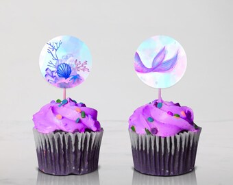 マーメイドカップケーキトッパー（印刷可能）｜海中パーティーデコレーション｜海をテーマにした誕生日デコレーション｜すぐにダウンロード