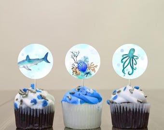 サメのカップケーキトッパー（印刷可能）｜海をテーマにした誕生日デコレーション｜海中パーティー用品｜すぐにダウンロード