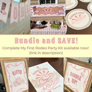 May include: A collection of party decorations with a western theme. Includes banners, framed signs, and circular stickers with the text "Eloise's First Rodeo". The color scheme is primarily pink and tan, with cowboy boot and hat illustrations.