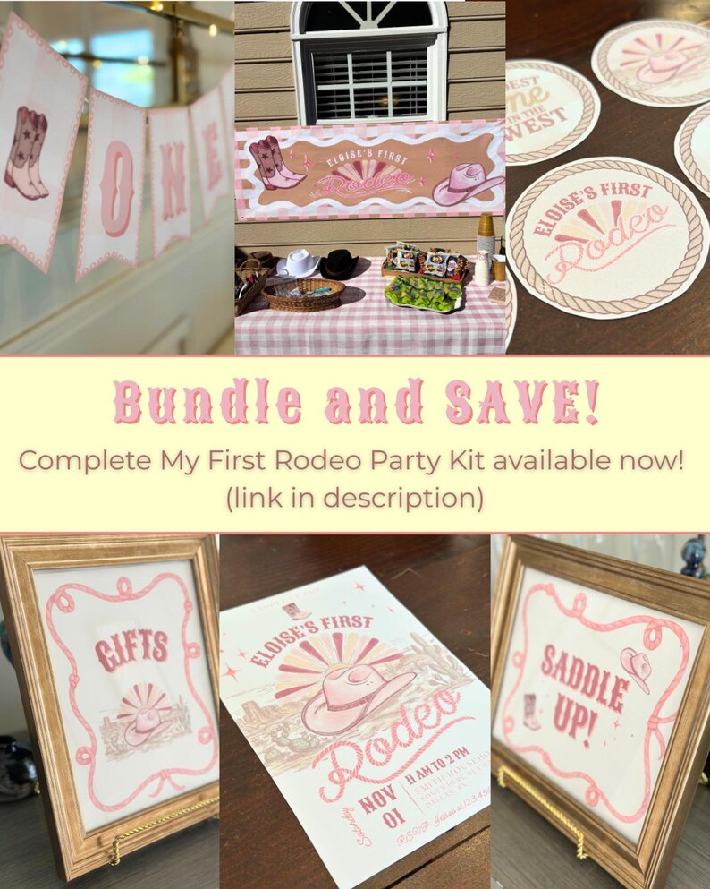 May include: A collection of party decorations with a western theme. Includes banners, framed signs, and circular stickers with the text "Eloise's First Rodeo". The color scheme is primarily pink and tan, with cowboy boot and hat illustrations.