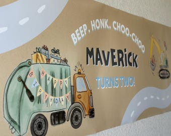 Winzige Transport Geburtstagsbanner | LKW Auto Baustelle Party | Bearbeitbarer 2x6 Canvas Hintergrund