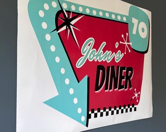 レトロダイナー風バースデーバナー、50年代風パーティー背景幕、アメリカンサイン（デジタルダウンロード）
