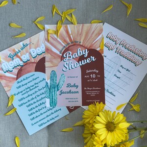 Invitation modifiable pour baby shower dans le désert + Pronostics et cartes de jeu imprimables | Thème cactus bohème