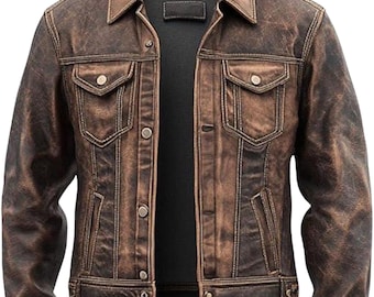 Men's Vintage Trucker Leather Biker Jacket | Real Lambskin Motorcycle Coat
