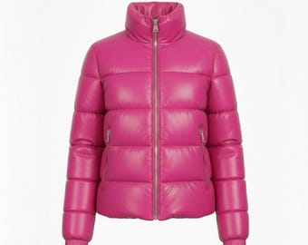 Handmade Lambskin Leather Puffer Jacket | Vintage Pink Winter Coat