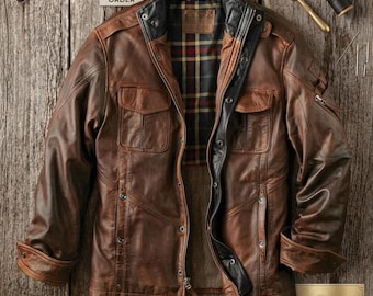 Men's Lambskin Leather Jacket, American Casual Indian Workwear Distressed Style, Retro Motorcycle / Biker Outerwear