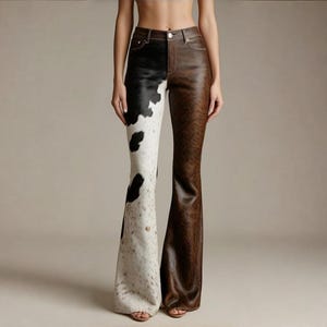 Könnte beinhalten: Zweifarbige Schlaghose. Ein Bein ist aus schwarz-weißem Kuhfell, das andere aus braunem Leder. Die Hose hat eine hohe Taille und einen ausgestellten Beinabschluss. Die Hose ist aus einem weichen, geschmeidigen Material.