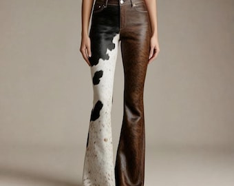 Handmade Women’s Cowhide Leather Pants – Unique Patchwork Bootcut Trousers – Western High-Waist Flared Jeans – Real Cowhide Hair On pants
