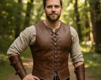Handmade Men's Medieval Leather Vest - Vintage Brown Renaissance Jerkin - Cosplay LARP Warrior Costume - Optional Leather Bracers