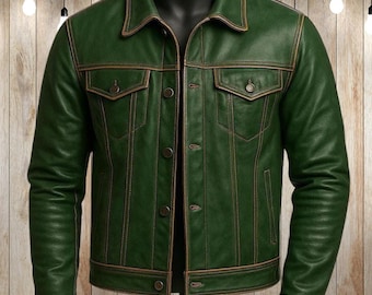 Handmade Men's Vintage Leather Trucker Jacket - Green Lambskin Leather Coat - Classic Slim Fit Western Field Jacket - Premium Gift for Him