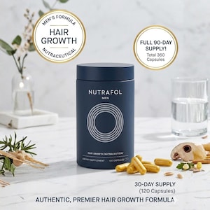 May include: A navy blue bottle of Nutrafol Men hair growth supplement with a white circular design. The bottle is surrounded by capsules, with text indicating a 30-day supply of 120 capsules. The image also includes text that says "Hair Growth Nutraceutical".