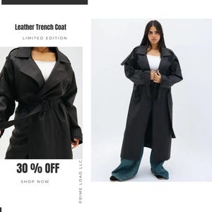 Women&#39;s Black Leather Trench Coat – 90s Vintage Long Trench Coat – Women&#39;s Leather Coat, Stylish Leather Trench, Classic Black Trench Coat