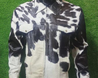 Handmade Genuine Cowhide Fur Leather Jacket - Natural Hair-On Cow Skin Fashion Jacket