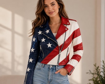 Women's American Flag Cropped Leather Jacket - Patriotic USA Biker Coat - Red White Blue Motorcycle Jacket - Fourth of July Gift For Her