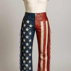 Handmade Customized American Leather Fringe Pants 4th of July Festival Pants Patriotic Western Rodeo Pants Unisex Country Concert Costume.