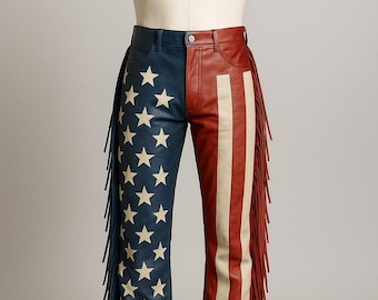 Handmade American Leather Fringe Pants: Patriotic Rodeo Festival Costume