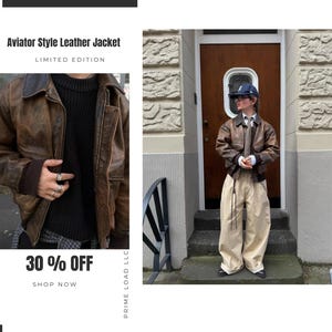 90&#39;s Vintage Distressed Brown Leather Bomber Jacket Classic Aviator Style Heavy Duty Men’s Jacket with Pockets Ribbed Cuffs Sheep Leather