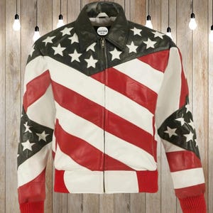 Handgemaakt leren jack met Amerikaanse vlag