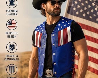 Men's USA Flag Leather Vest – Handmade Custom Fit Biker Style Western Fringe Stars Vests
