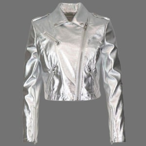 Silver Metallic Leather Biker Jacket: Cropped Sequin Outerwear