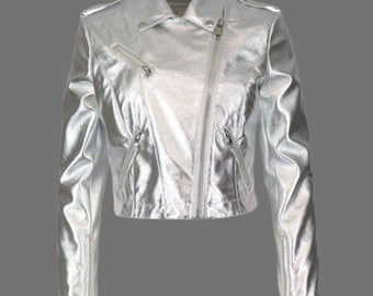 Silver Metallic Leather Biker Jacket: Cropped Sequin Outerwear