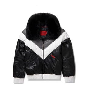 May include: A black and white leather jacket with a faux fur collar. The jacket features a chevron design in white and gray, a zipper closure, and red accents. The cuffs and hem are white.