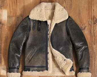 Genuine Sheepskin Bomber Jacket: Men's RAF Aviator Shearling Leather Biker Jacket