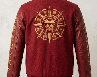 Pirate Varsity Jacket - Handmade Straw Hat Grand Fleet Bomber - Black Wool and Genuine Leather Pirate King Winter Coat - Gift for Gamer