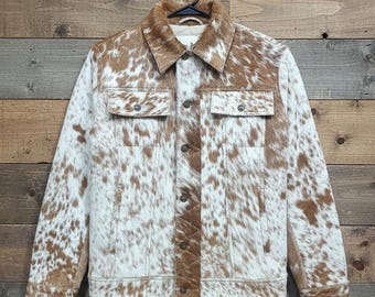 Genuine Cowhide Leather Trucker Jacket | Hair-on-Hide Western Coat, Handmade Leather Cowboy Style Rugged Ranch Wear