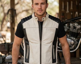 Men's Black and White Leather Biker Jacket - Handmade Cafe Racer Motorcycle Coat - Retro Sports Striped Streetwear - Premium Gift for Him