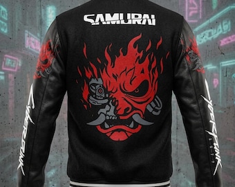 Samurai Varsity Jacket - Cyberpunk 2077 Inspired Bomber - Genuine Wool and Real Leather Sleeve Gaming Streetwear - Anime Gamer Coat