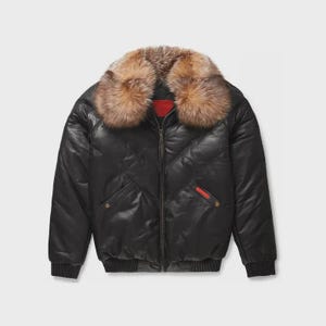 Men&#39;s Bomber Leather Jacket with Faux Fur Collar | Puffer Leather Bubble Jacket | Vintage Style Winter Coat | Gift for Him