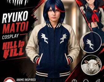 Ryuko Matoi Cosplay Bomber Jacket – Premium Plain Wool & Genuine Sheep Leather Sleeve Streetwear, Kill la Kill Anime Inspired Varsity Jacket