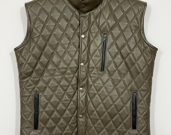 Olive Green Quilted Leather Vest - Diamond Puffer Gilet, Biker Style