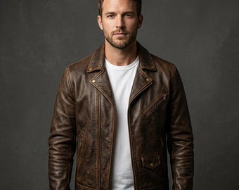 Handmade Men's Vintage Brown Leather Biker Jacket - Distressed Motorcycle Coat - Asymmetrical Zip Punk Rock Jacket - Premium Gift for Him