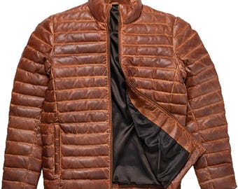 Distressed Tan Leather Puffer Jacket: Handmade Lambskin Quilted Down Winter Coat