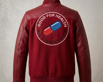 Anime Varsity Jacket - Capsule Pill Patch Bomber - Futuristic Wool and Real Leather Sleeve Moto Biker Coat - Gift for Gamers