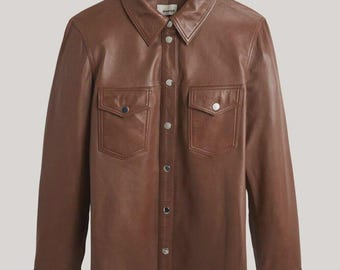 Men&#39;s Handmade Brown Leather Shirt – Genuine Lambskin Biker Shirt, Full Sleeve Motorcycle Style