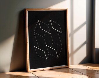May include: A framed art print featuring a geometric design of white lines on a black background. The artwork is encased in a natural wood frame, leaning against a wall. The abstract design has a modern aesthetic.